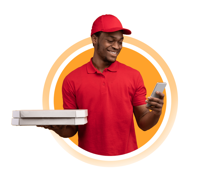 black delivery man holding pizza boxes using smart w8ac8mn.png