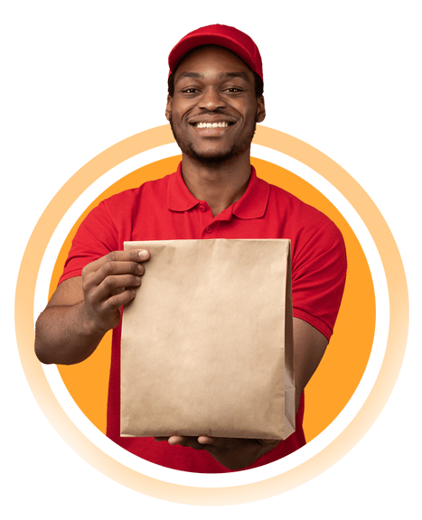happy smiling black delivery man holding package 9mckxjj.png